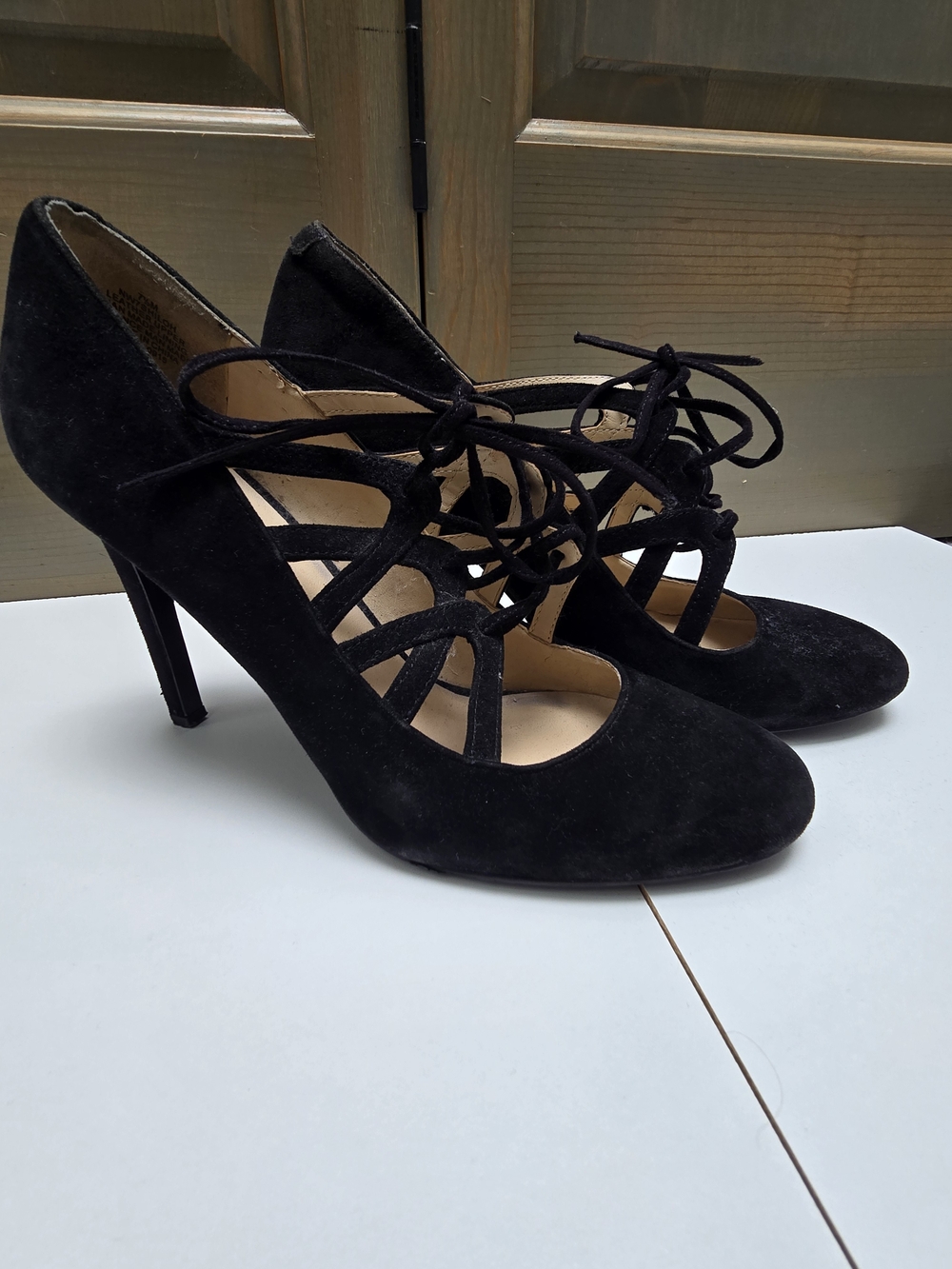 Nine West Black Suede Lace-Up Cutout Heels